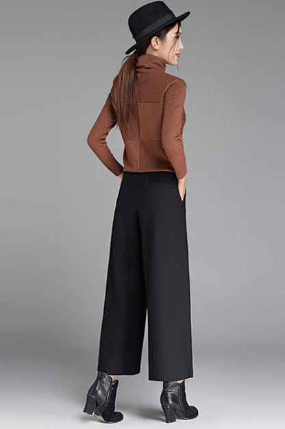 Black Wool Blend Wide Leg Pants - Flowy Silhouette for Autumn 3050