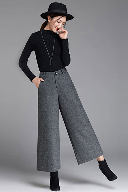 Black Wool Blend Wide Leg Pants - Flowy Silhouette for Autumn 3050