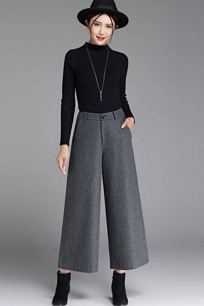 Black Wool Blend Wide Leg Pants - Flowy Silhouette for Autumn 3050
