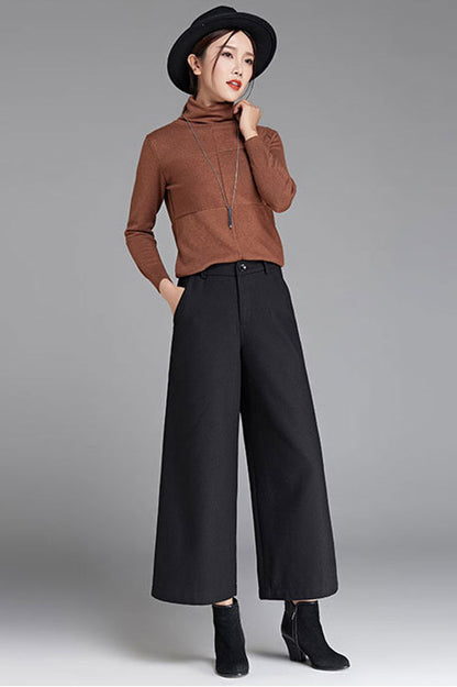 Black Wool Blend Wide Leg Pants - Flowy Silhouette for Autumn 3050