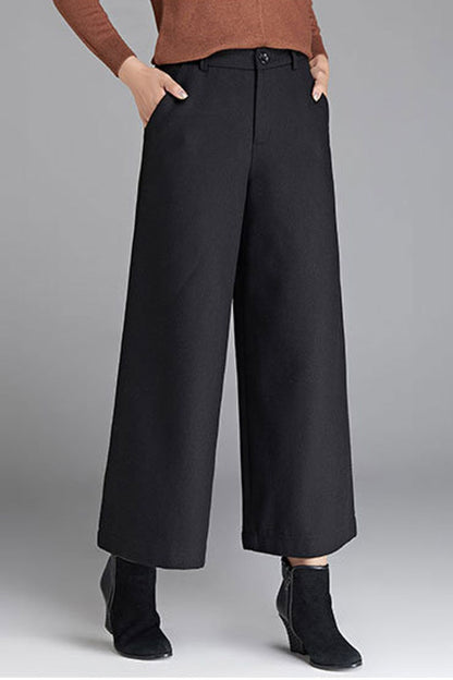 Black Wool Blend Wide Leg Pants - Flowy Silhouette for Autumn 3050