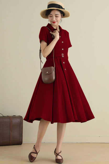 White Linen Cotton Swing Midi Dress - Notched Collar, Belted Waist 3271