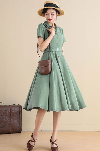 White Linen Cotton Swing Midi Dress - Notched Collar, Belted Waist 3271