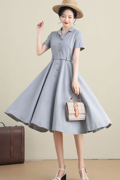 White Linen Cotton Swing Midi Dress - Notched Collar, Belted Waist 3271
