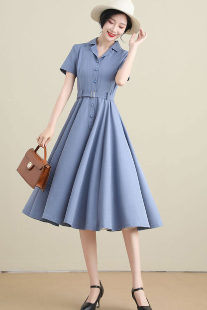 White Linen Cotton Swing Midi Dress - Notched Collar, Belted Waist 3271
