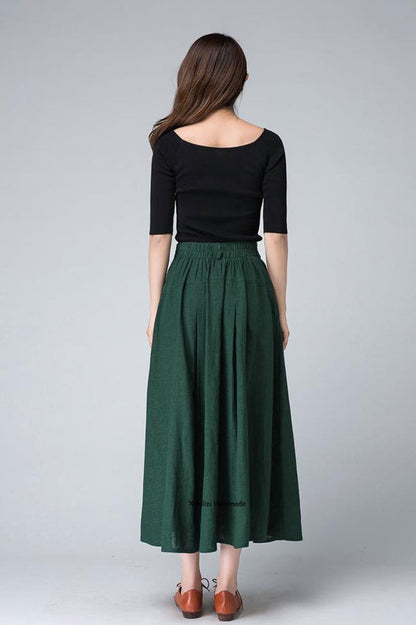 Dark Green Linen Cotton Midi Skirt - A-Line Pleated | Xiaolizi 2155