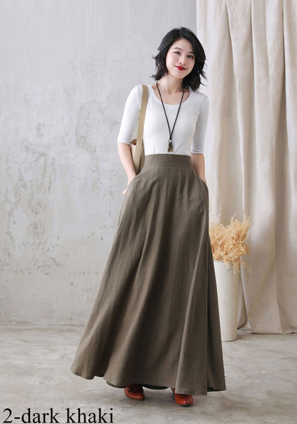Gray Linen A-Line Maxi Skirt - Elastic Waist with Side Pockets 2822