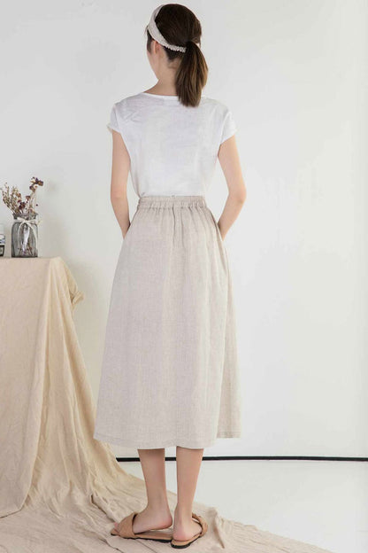 Linen A-Line Midi Skirt - Elastic Waist Two Pockets | Xiaolizi 2396