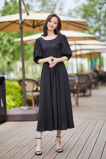 Black Linen Midi Dress - Scoop Neckline with Bubble Sleeves 2183