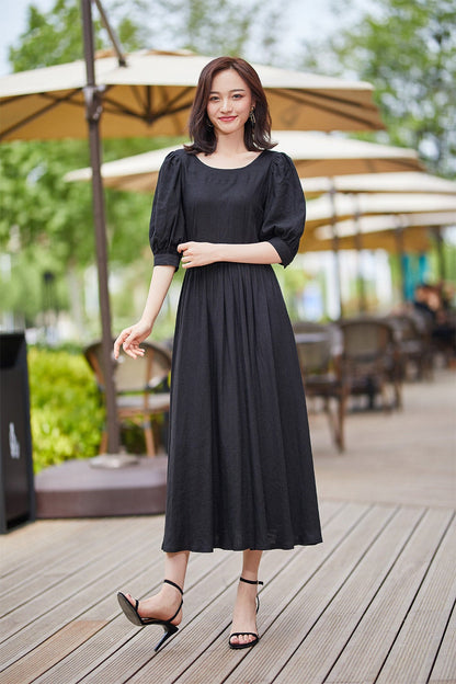 Black Linen Midi Dress - Scoop Neckline with Bubble Sleeves 2183