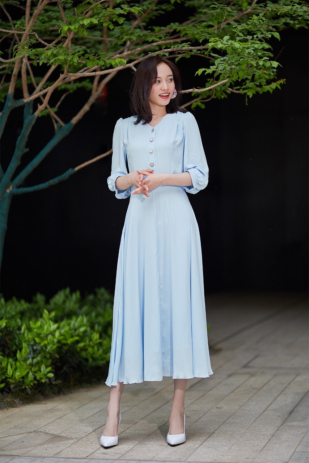 summer chiffon dress, blue dress, fitted dress, party dress, midi dres Xiaolizi summer chiffon dress, blue dress, fitted dress, party dress, midi dres Xiaolizi
