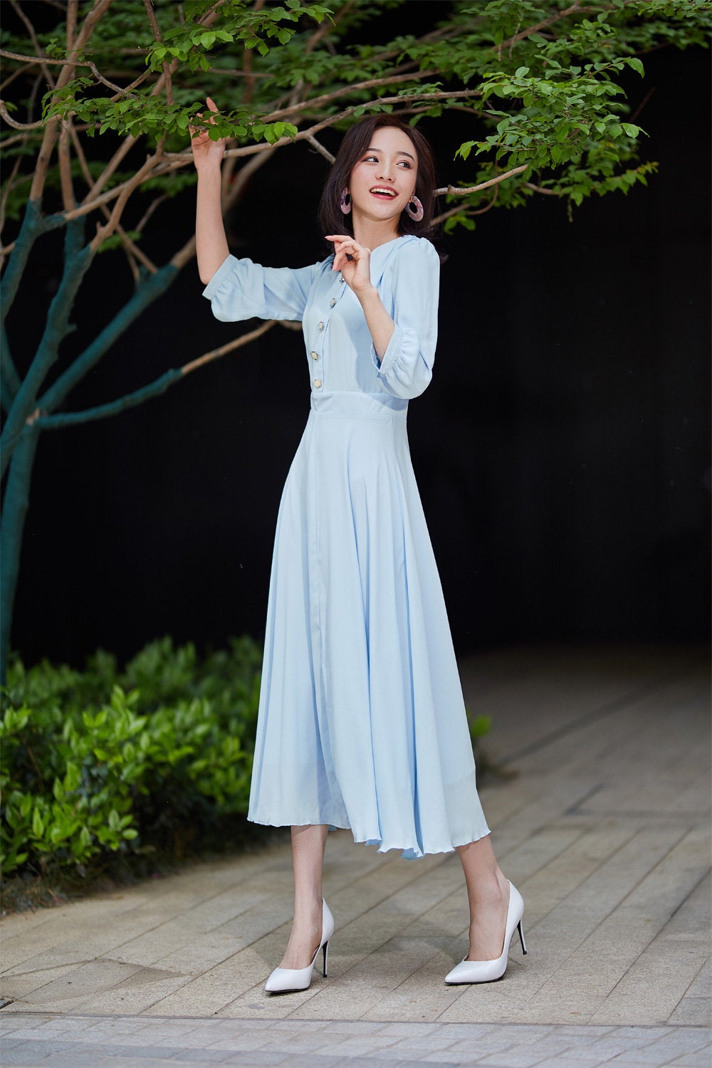 dress with pleated skirt Blue Chiffon Midi Dress with Pleated Skirt and V-Neck – Xiaolizi