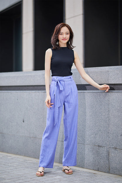 Purple Cotton Linen Palazzo Pants - Fitted Waist with Tie Belt 2189