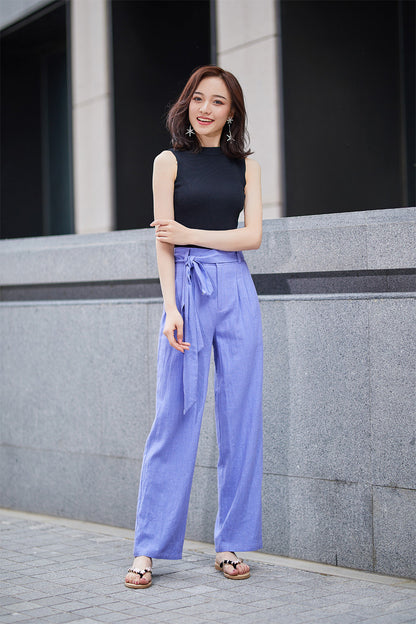 Purple Cotton Linen Palazzo Pants - Fitted Waist with Tie Belt 2189