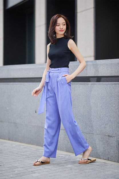 Purple Cotton Linen Palazzo Pants - Fitted Waist with Tie Belt 2189