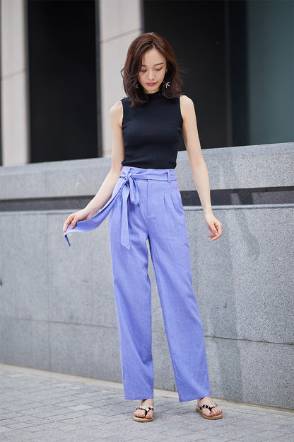 Purple Cotton Linen Palazzo Pants - Fitted Waist with Tie Belt 2189