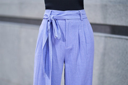 Purple Cotton Linen Palazzo Pants - Fitted Waist with Tie Belt 2189