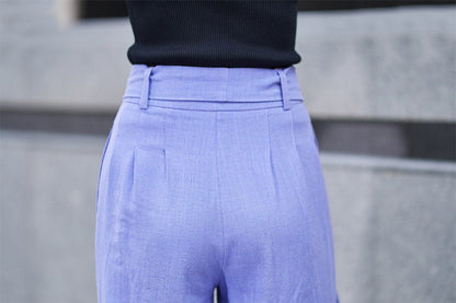 Purple Cotton Linen Palazzo Pants - Fitted Waist with Tie Belt 2189