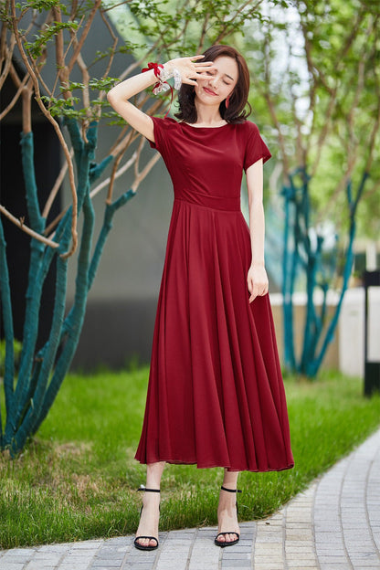 Burgundy bridesmaid dress long, formal gown with sleeves, bridesmaid dress, maxi chiffon dress, Modest evening dress, summer dress 2182