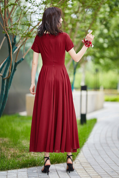 Burgundy bridesmaid dress long, formal gown with sleeves, bridesmaid dress, maxi chiffon dress, Modest evening dress, summer dress 2182