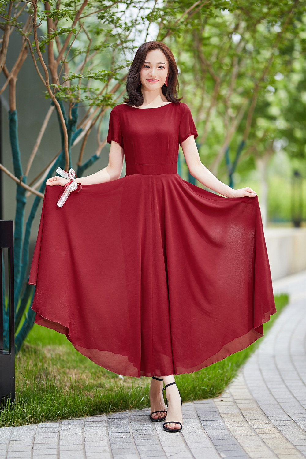 Burgundy Chiffon Maxi Dress - Banded Waist with Short Sleeves 2182