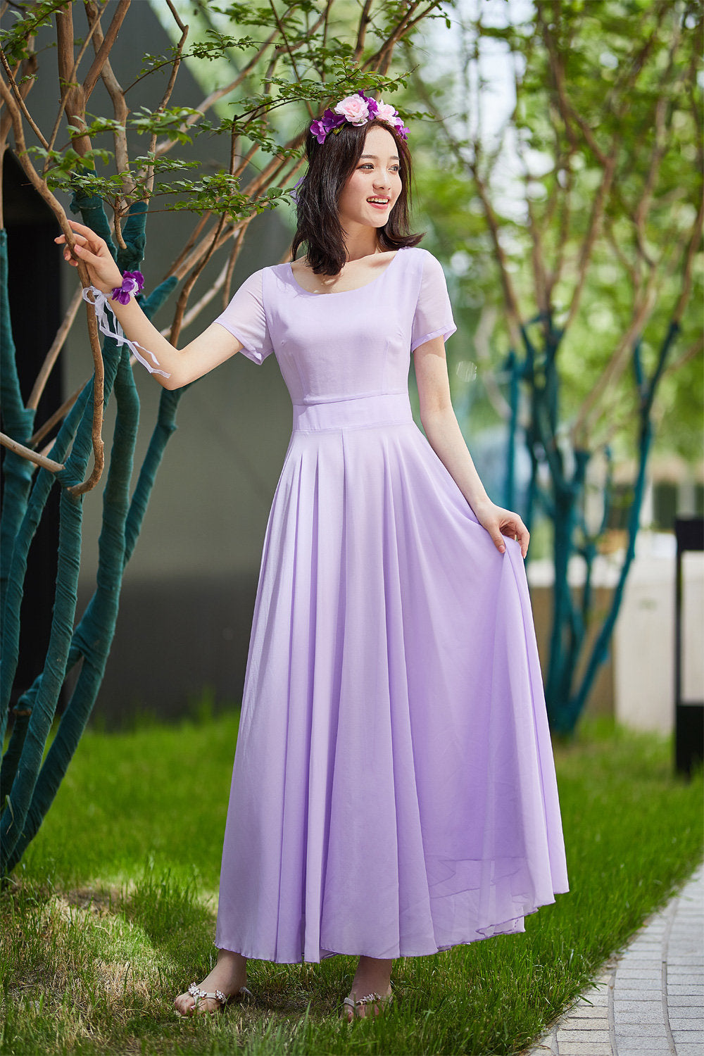 purple chiffon maxi dress, prom wedding dress 2179