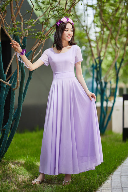 purple chiffon maxi dress, prom wedding dress 2179