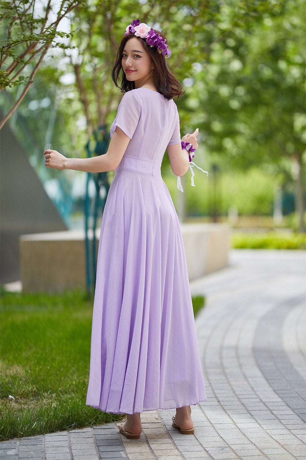 purple chiffon maxi dress, prom wedding dress 2179