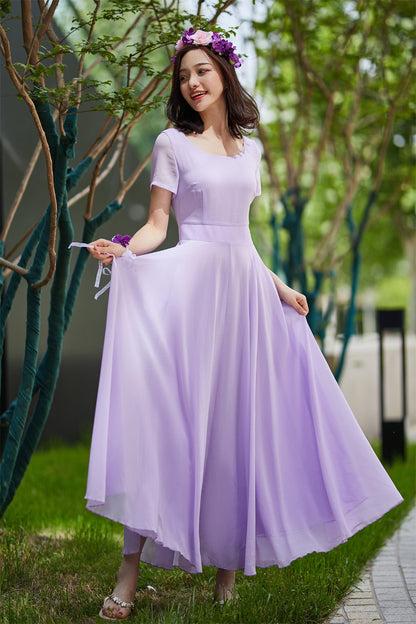 purple chiffon maxi dress, prom wedding dress 2179