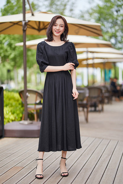 Black Linen Midi Dress - Scoop Neckline with Bubble Sleeves 2183