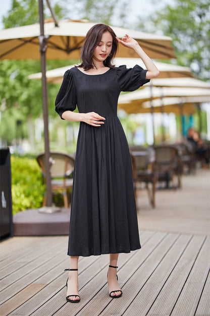 Black Linen Midi Dress - Scoop Neckline with Bubble Sleeves 2183
