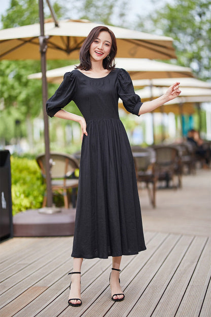 Black Linen Midi Dress - Scoop Neckline with Bubble Sleeves 2183