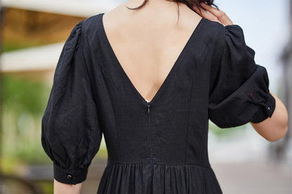 Black Linen Midi Dress - Scoop Neckline with Bubble Sleeves 2183