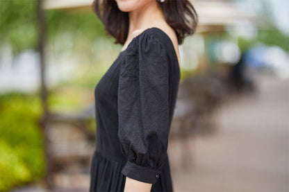 Black Linen Midi Dress - Scoop Neckline with Bubble Sleeves 2183