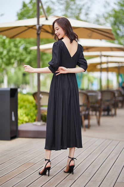 Black Linen Midi Dress - Scoop Neckline with Bubble Sleeves 2183