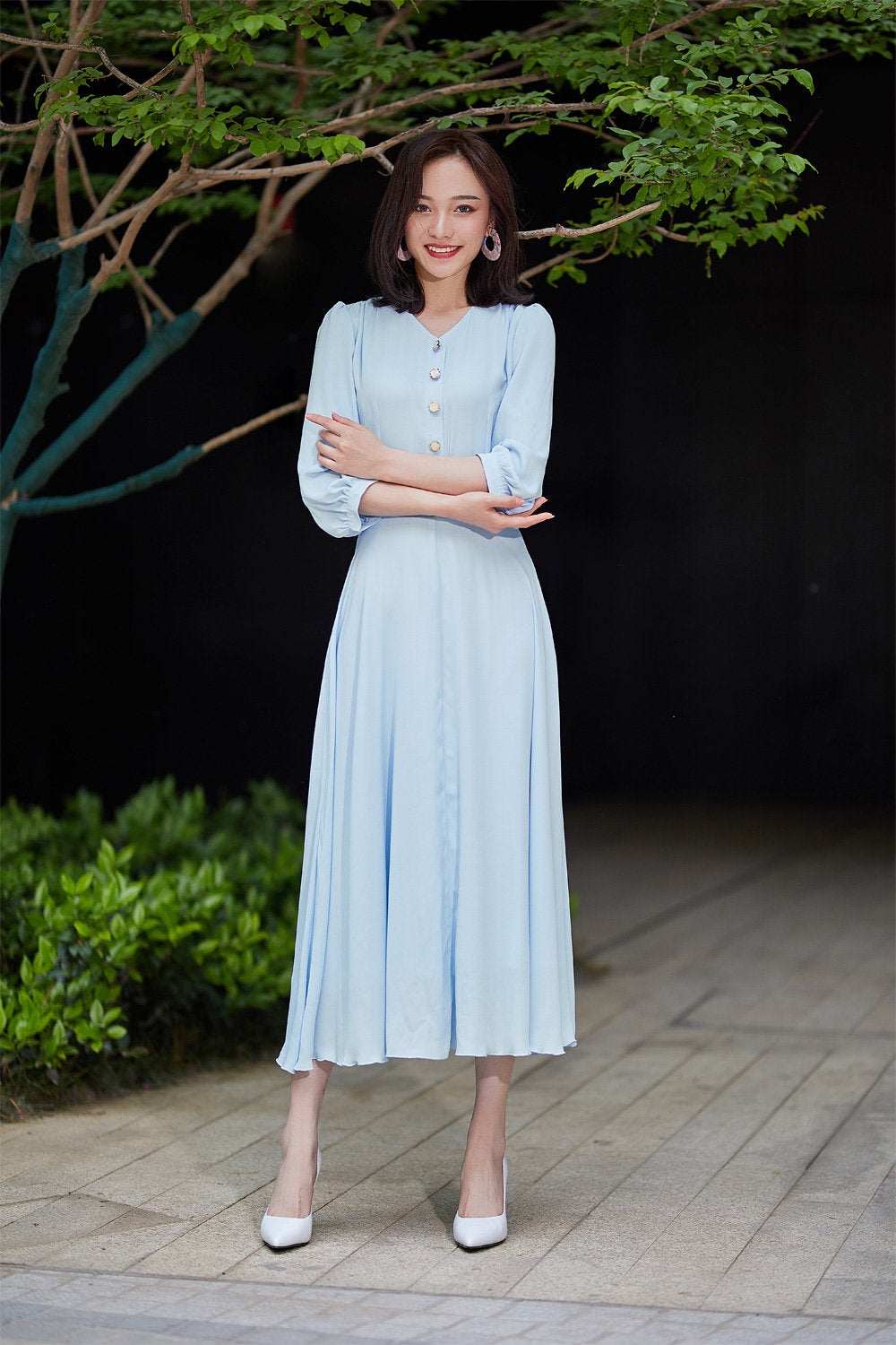 summer chiffon dress, blue dress, fitted dress, party dress, midi dres Xiaolizi summer chiffon dress, blue dress, fitted dress, party dress, midi dres Xiaolizi