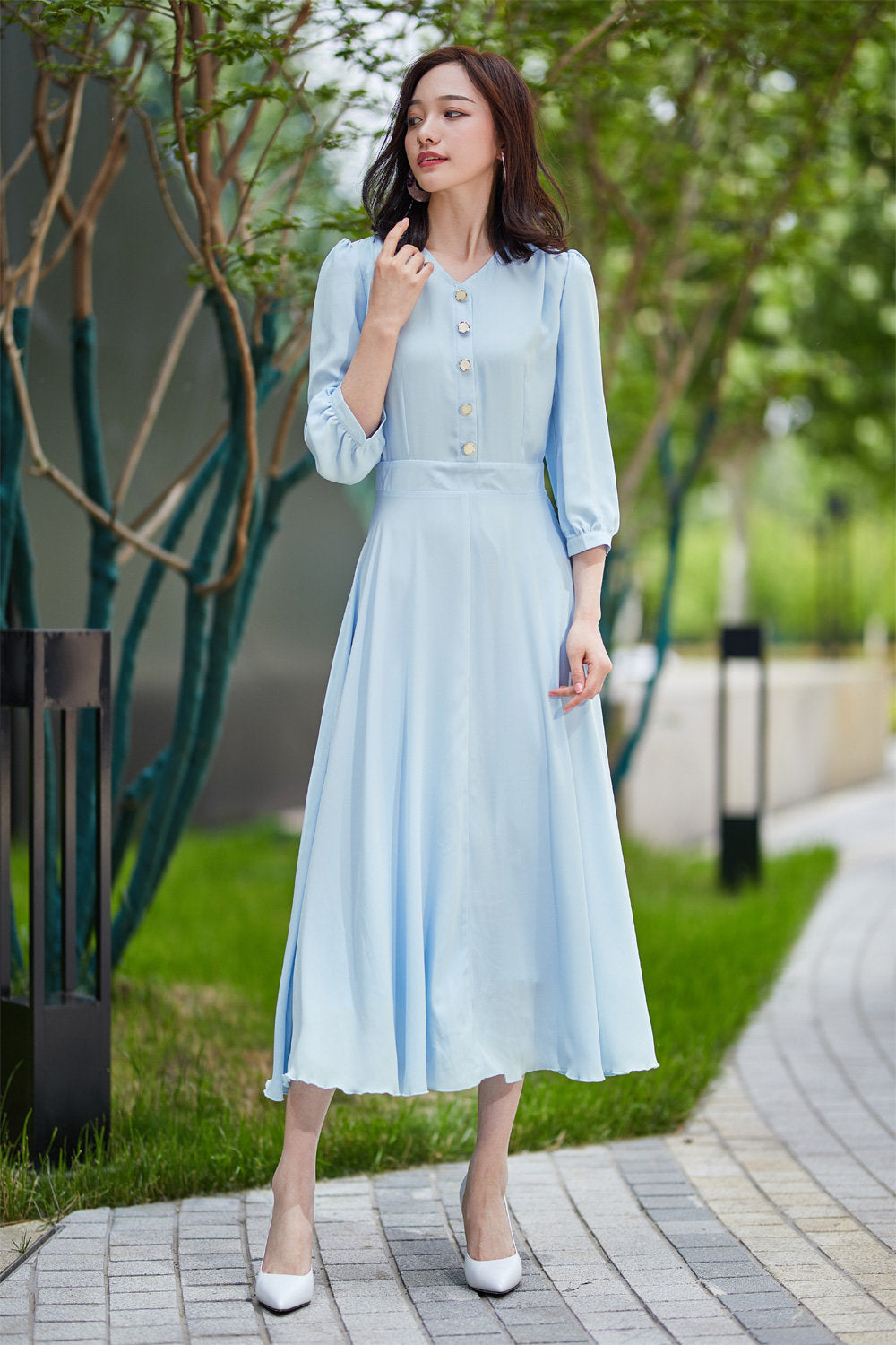 summer chiffon dress blue dress fitted dress party dress midi dress v neck dress pleated dress elegant dress handmade dress 2180