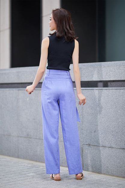 Purple Cotton Linen Palazzo Pants - Fitted Waist with Tie Belt 2189