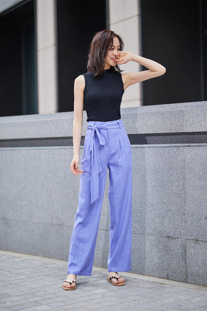 Purple Cotton Linen Palazzo Pants - Fitted Waist with Tie Belt 2189