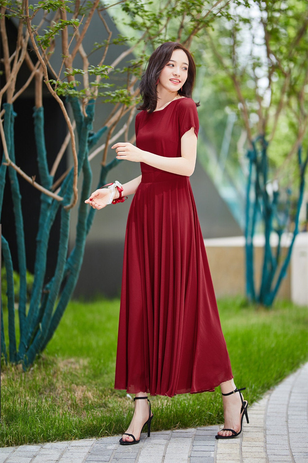 Chiffon burgundy 2024 maxi dress