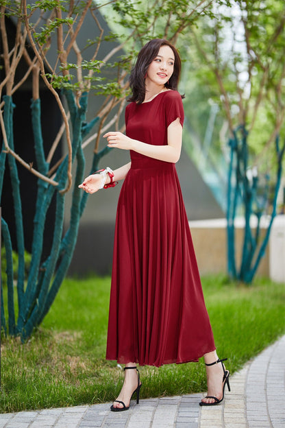 Burgundy bridesmaid dress long, formal gown with sleeves, bridesmaid dress, maxi chiffon dress, Modest evening dress, summer dress 2182