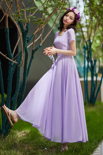 purple chiffon maxi dress, prom wedding dress 2179