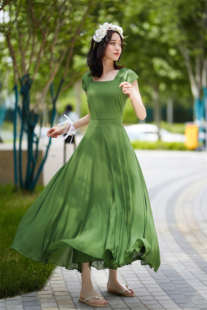 green chiffon dress, elegant prom dress 2190