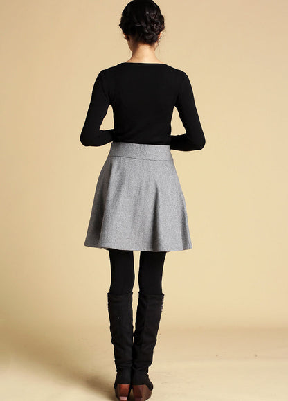 Gray Wool Mini Skirt - High Waist A-Line Flare | Xiaolizi 358