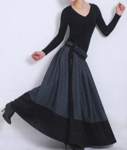 Handmade Wool Wrap Skirt – Long Flared Maxi in Gray & Black for Winter MM68