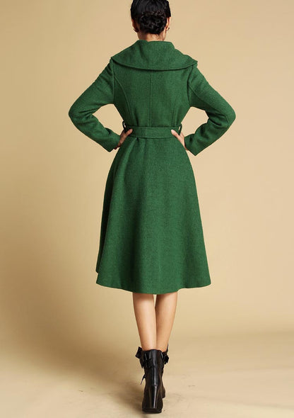 Wool Coat Dress – Vintage Fit and Flare Winter Overcoat with Belt 0336