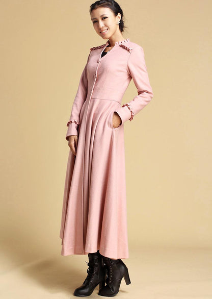 Pink Wool Maxi Coat – Vintage Fit and Flare Winter Overcoat for Weddings & Parties 0329