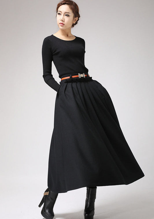 High-waisted black wool blend winter skirt with full swing silhouette