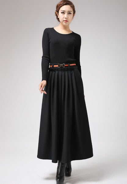 Black Wool Maxi Skirt for Women – Pleated Full-Length Winter Skirt, Handmade 0721