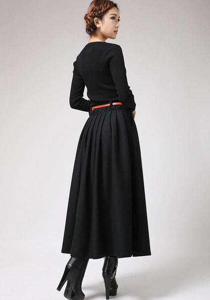 Black Wool Maxi Skirt for Women – Pleated Full-Length Winter Skirt, Handmade 0721